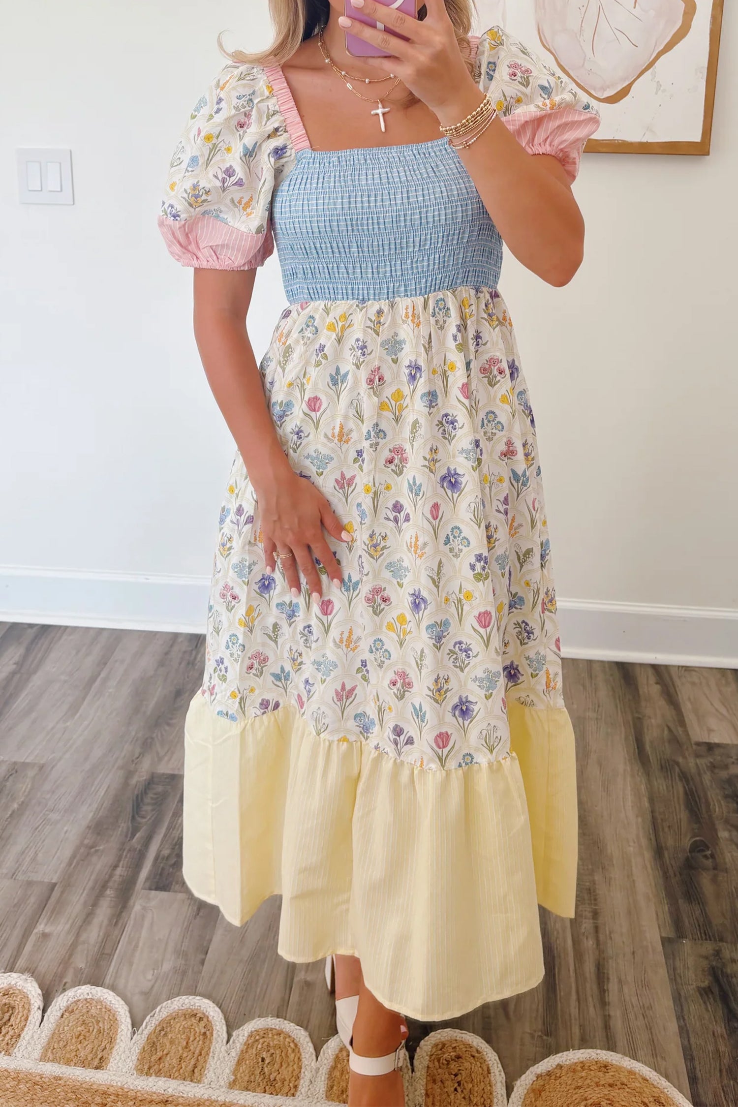 Floral Patchwork Smocked Maxi Dress