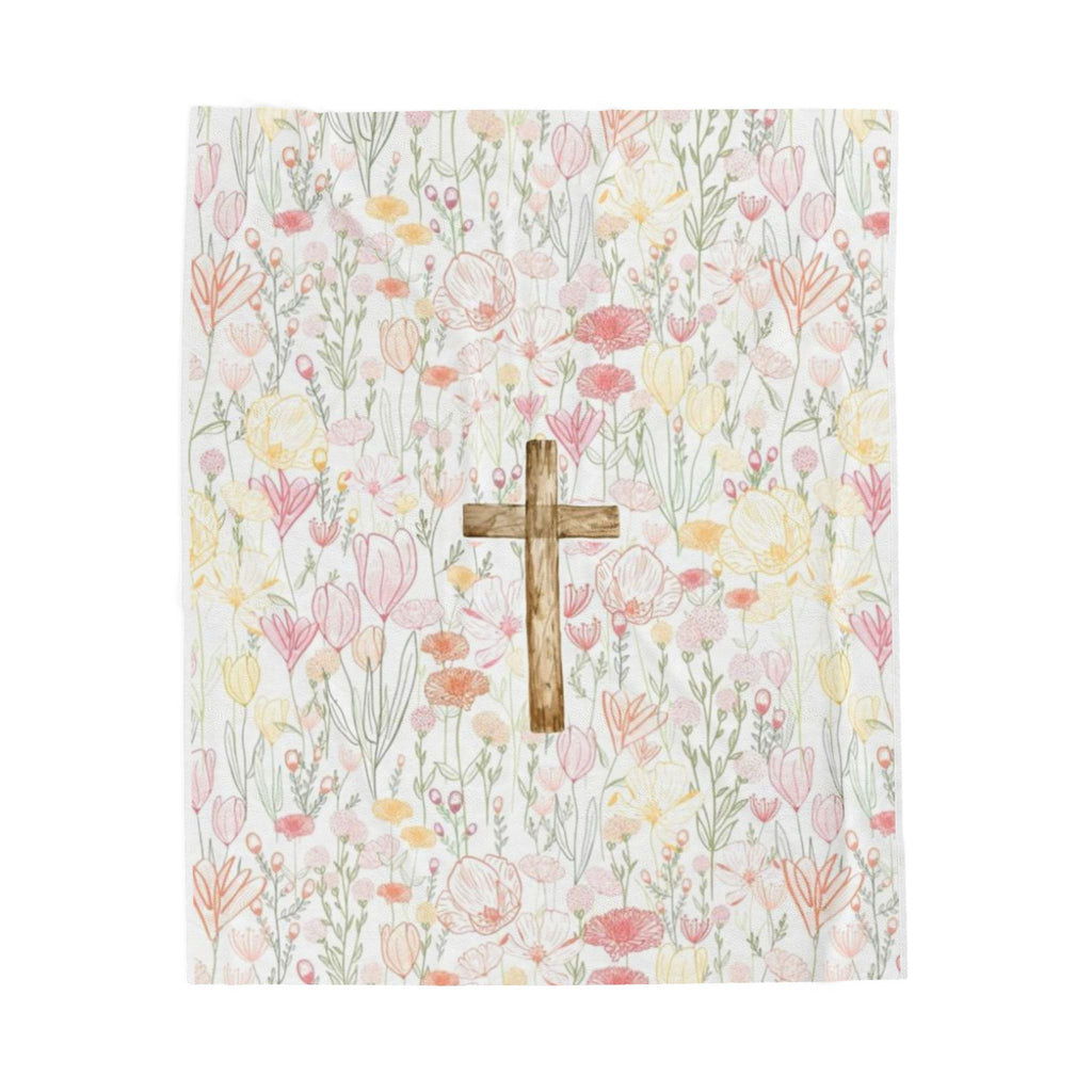 Wildflower Cross Fleece Blanket - Scripture-Inspired Prayer Throw