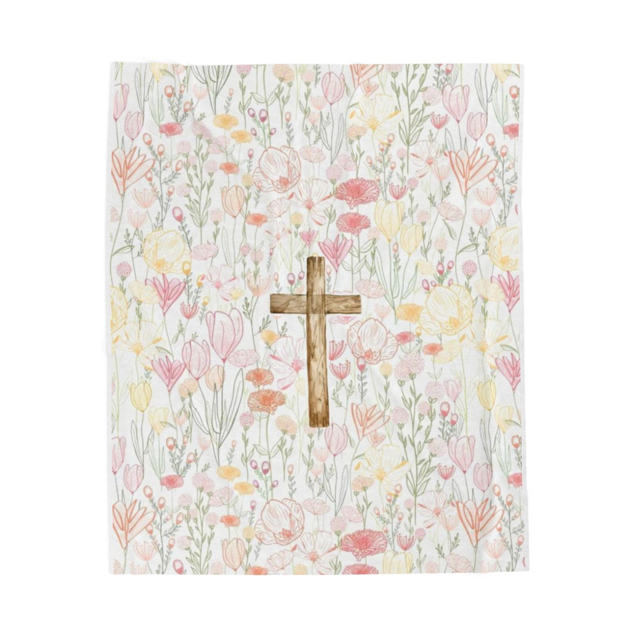 Wildflower Cross Fleece Blanket - Scripture-Inspired Prayer Throw
