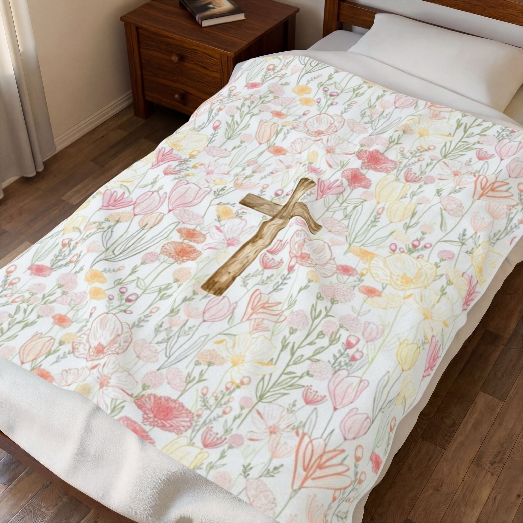 Wildflower Cross Fleece Blanket - Scripture-Inspired Prayer Throw