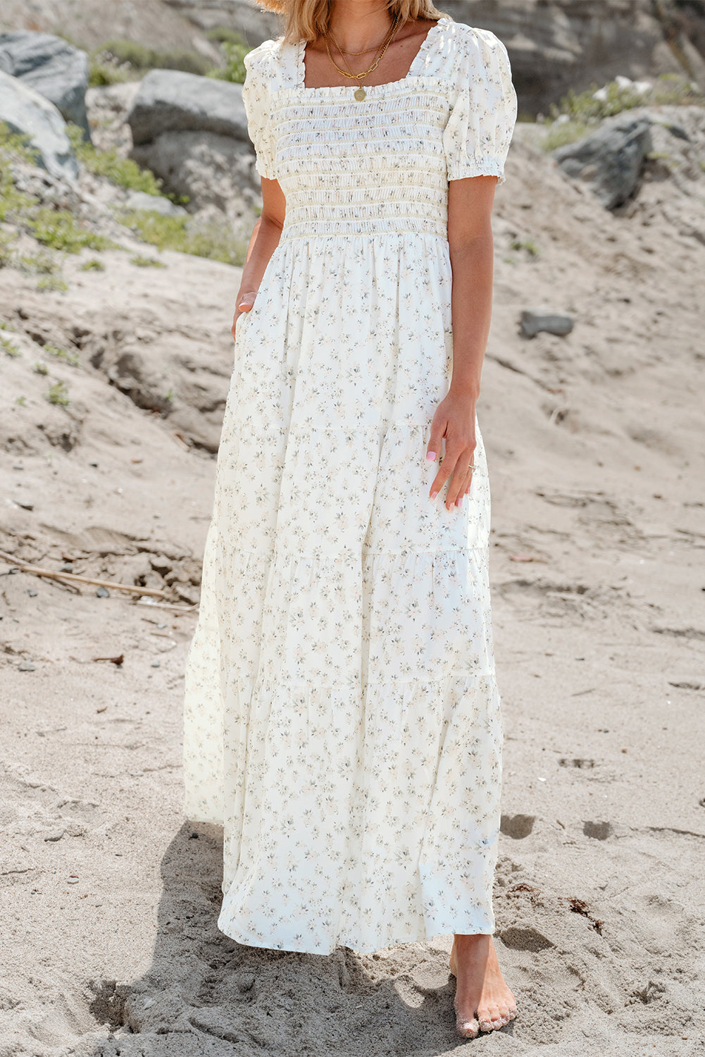 White Floral Tiered Maxi Dress
