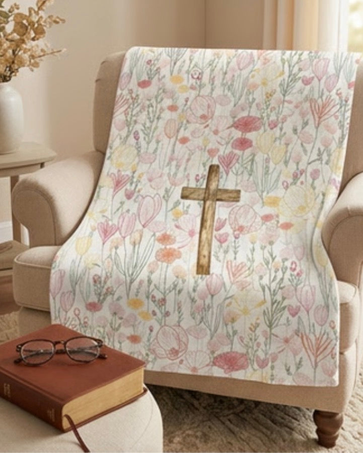 Wildflower Cross Fleece Blanket - Scripture-Inspired Prayer Throw