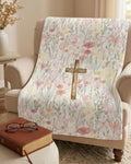Wildflower Cross Fleece Blanket - Scripture-Inspired Prayer Throw
