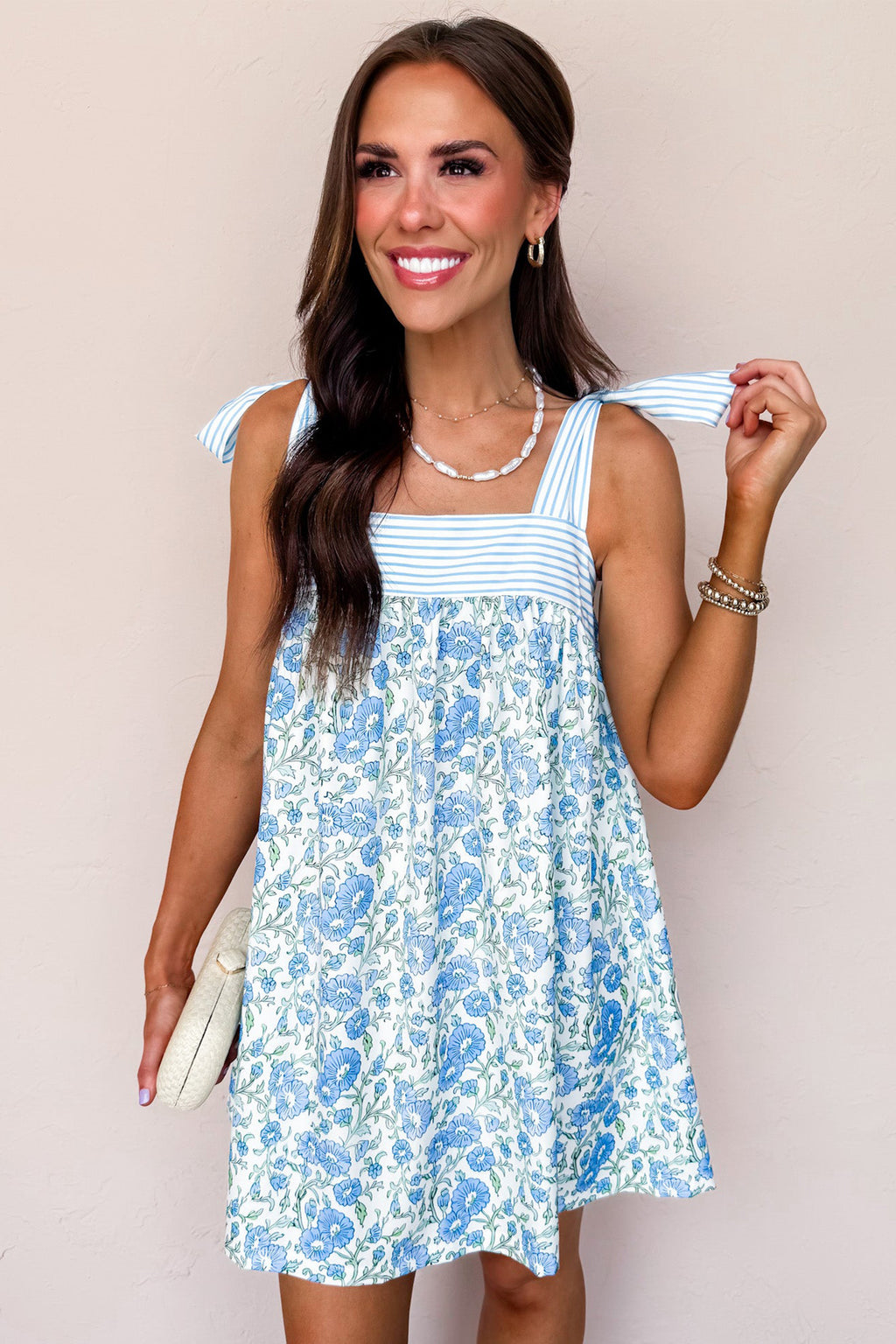 Sky Blue Floral Bow Strap Dress