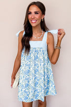 Sky Blue Floral Bow Strap Dress