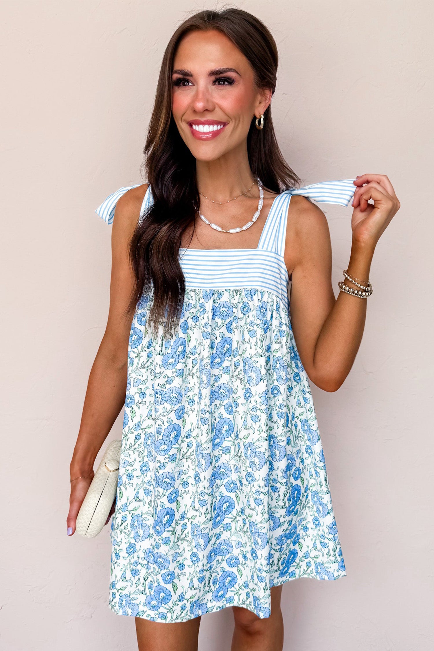Sky Blue Floral Bow Strap Dress