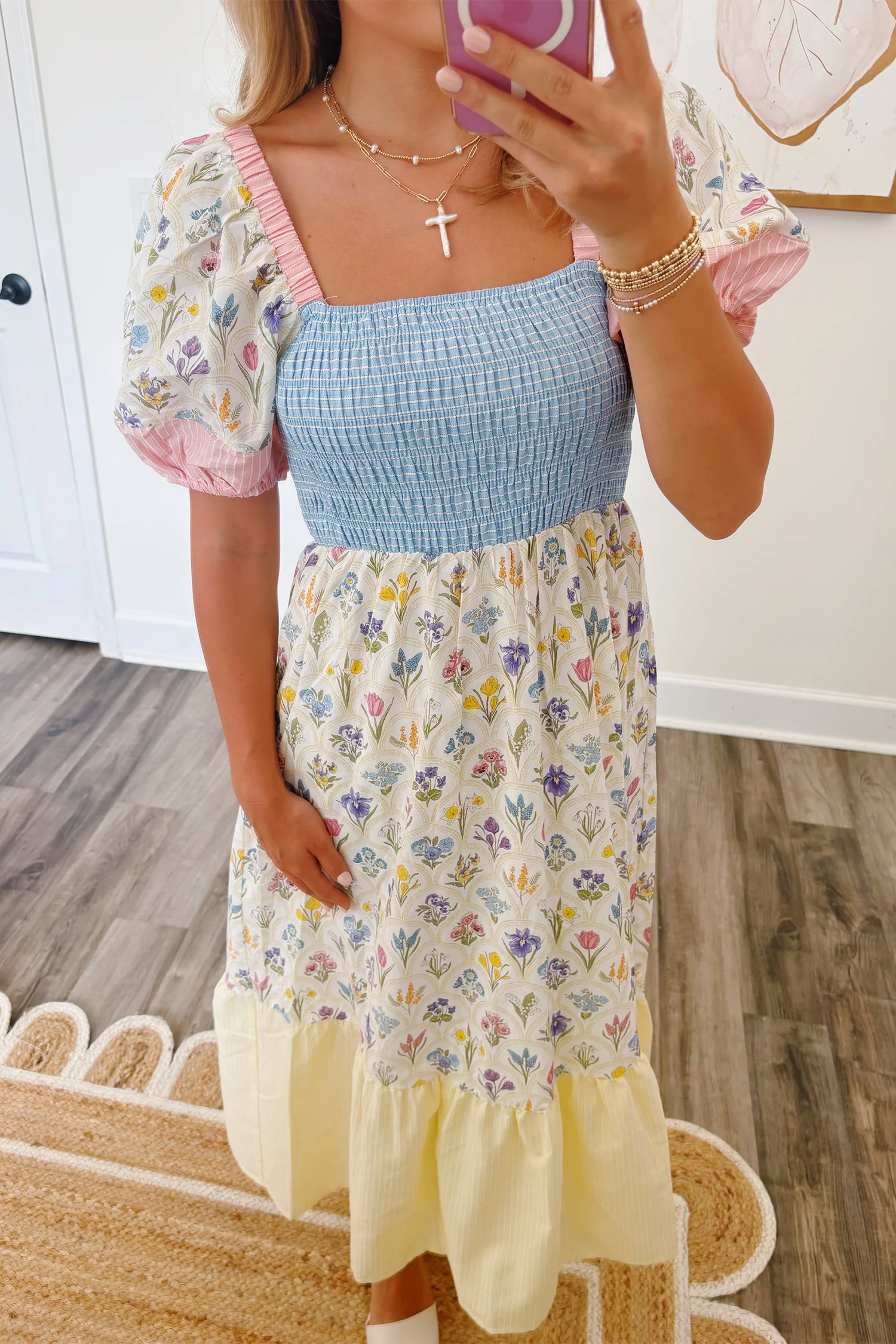Floral Patchwork Smocked Maxi Dress