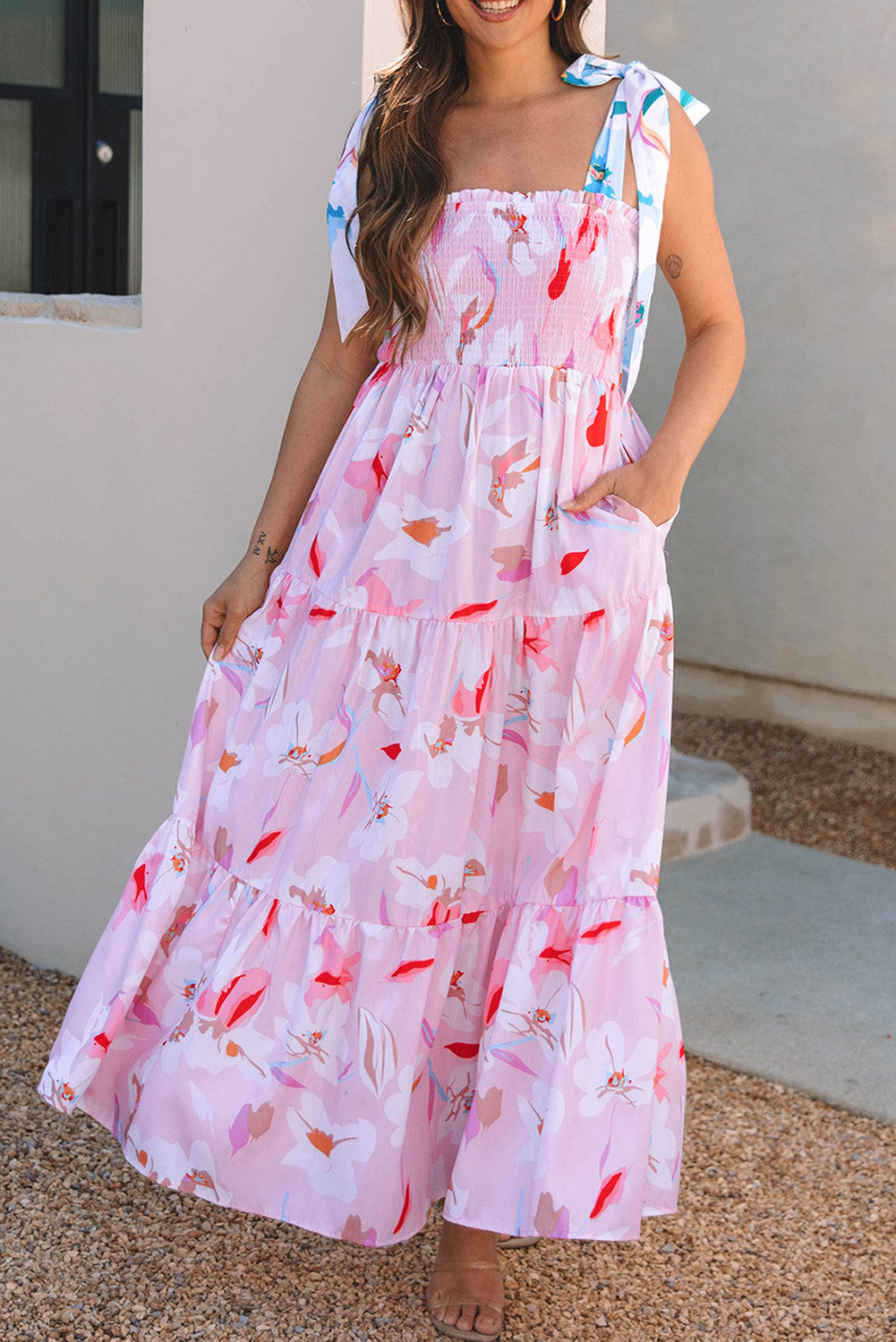 Pink Floral Smocked Maxi Dress