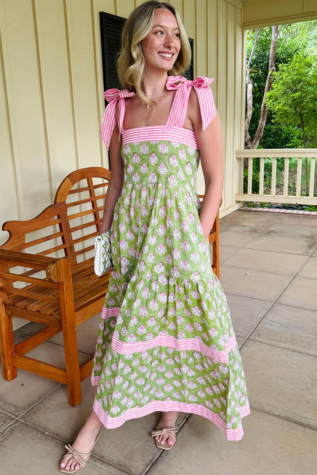 Green Floral Knot Strap Maxi Dress