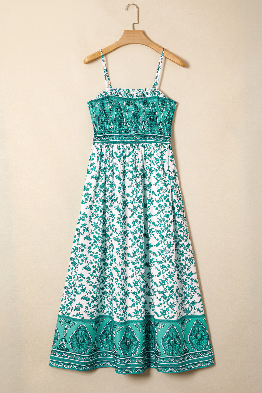 Green Boho Floral Shirred Cami Maxi Dress