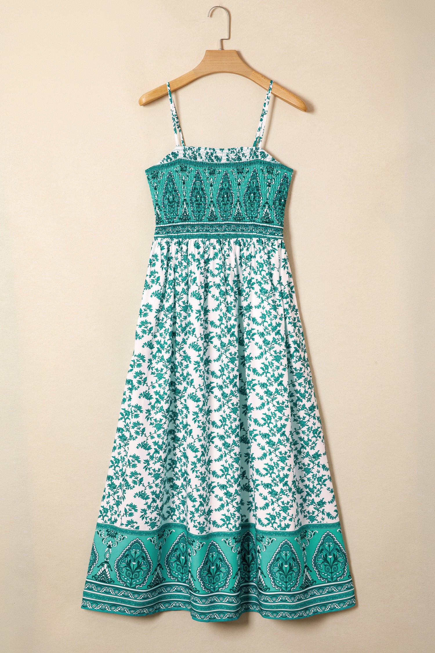 Green Boho Floral Shirred Cami Maxi Dress