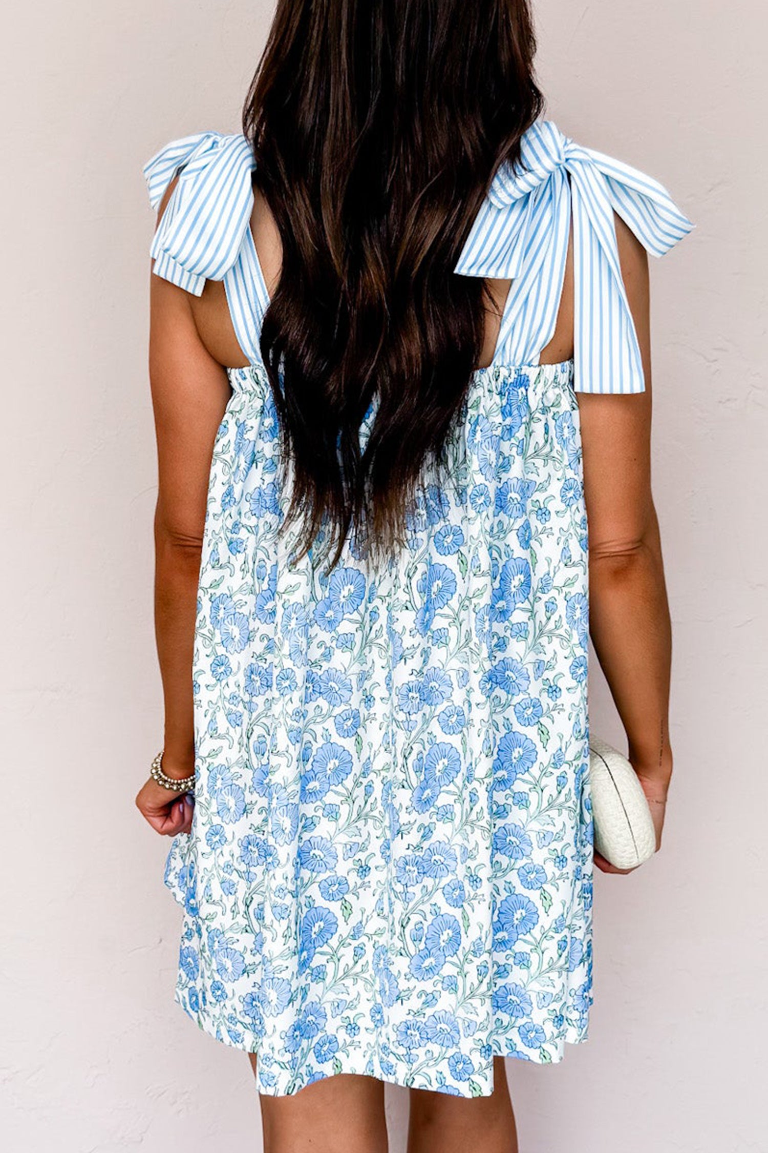 Sky Blue Floral Bow Strap Dress