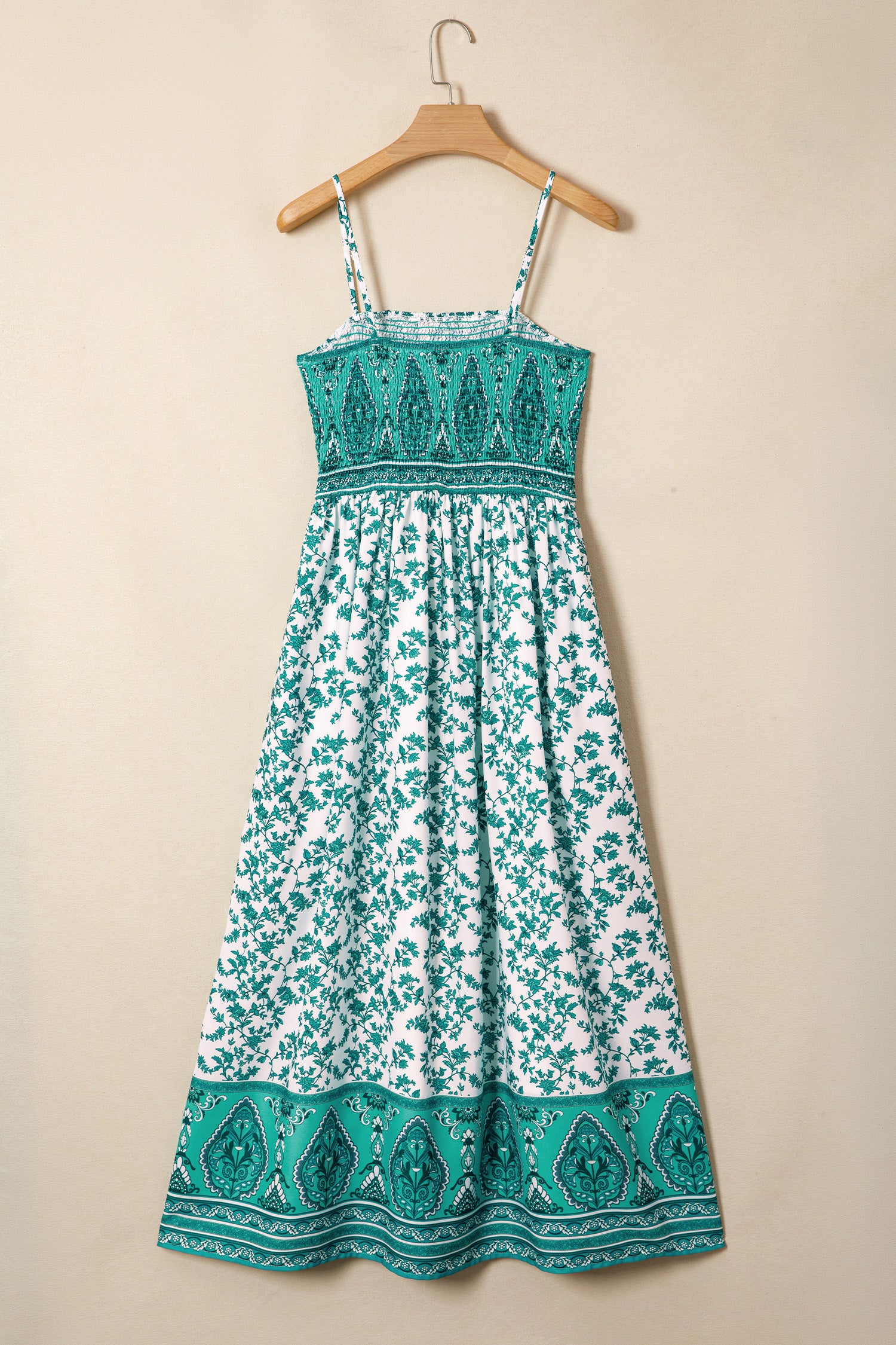 Green Boho Floral Shirred Cami Maxi Dress