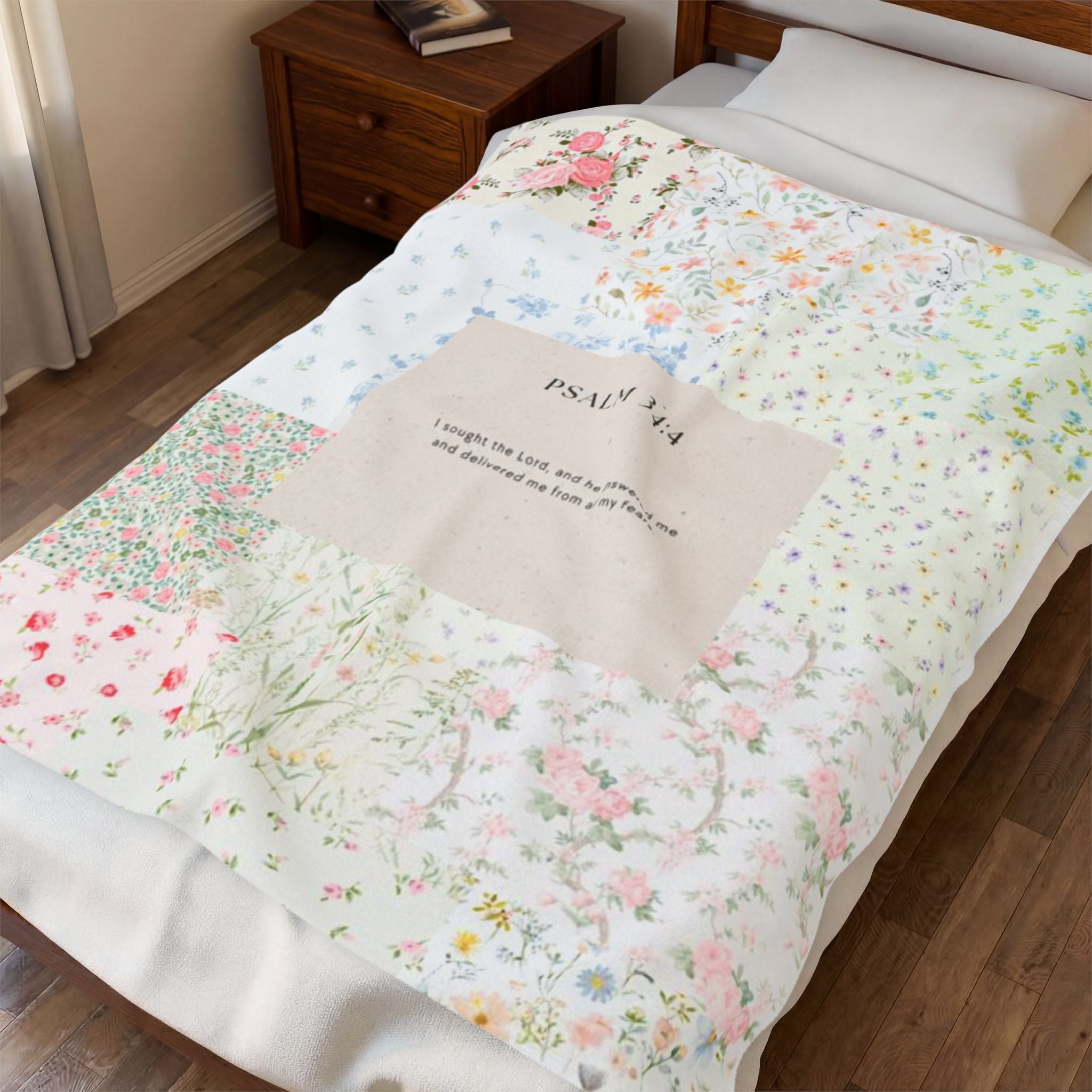 Psalm 34:4 Vintage Floral Patchwork Blanket – Heirloom Scripture Throw