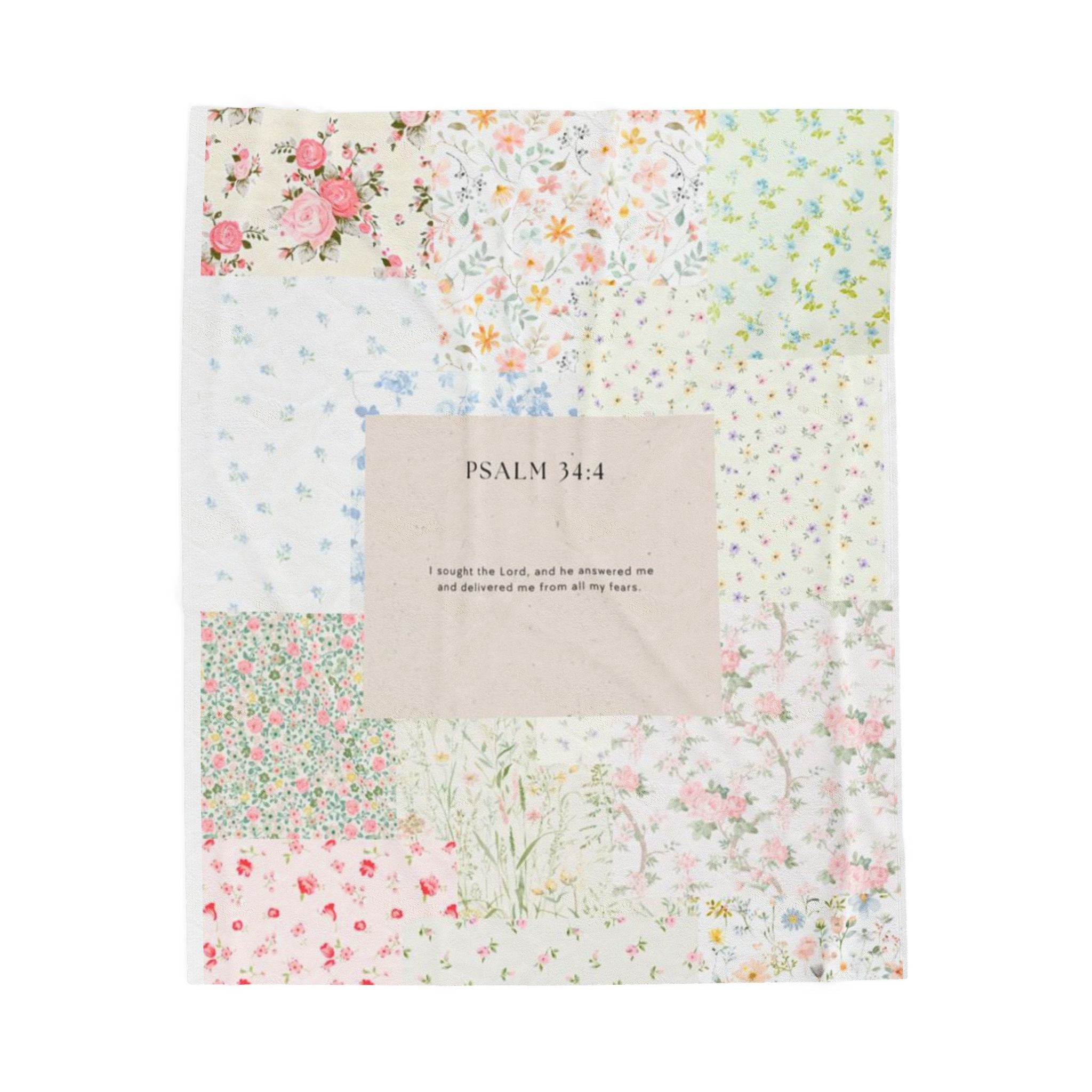 Psalm 34:4 Vintage Floral Patchwork Blanket – Heirloom Scripture Throw