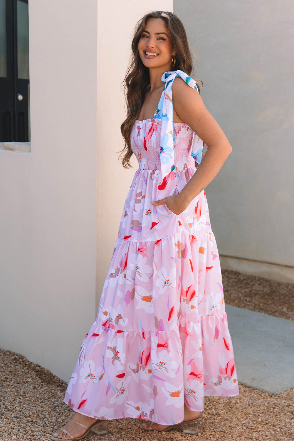 Pink Floral Smocked Maxi Dress