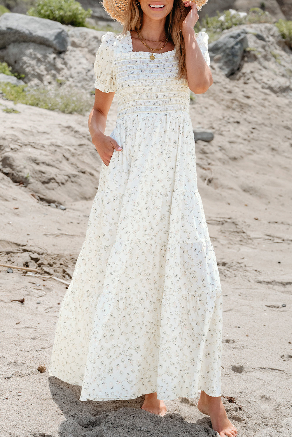 White Floral Tiered Maxi Dress