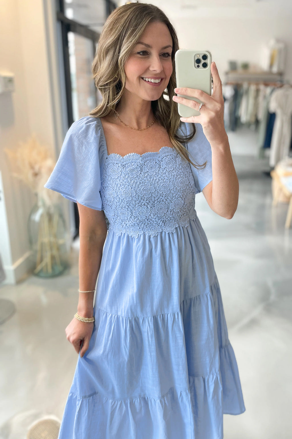 Blue Lace Tiered Midi Dress