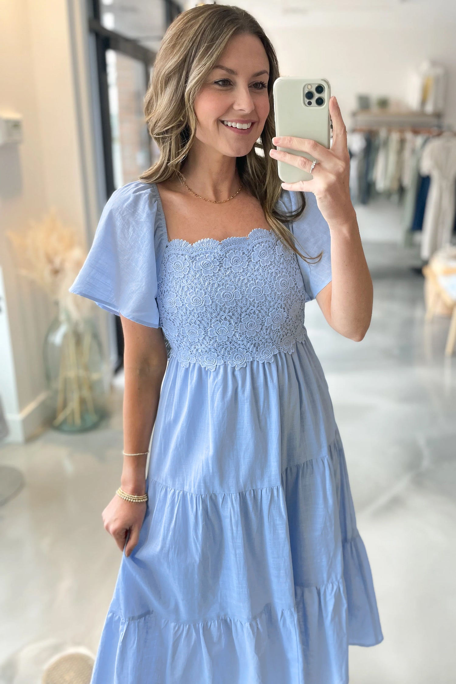 Blue Lace Tiered Midi Dress